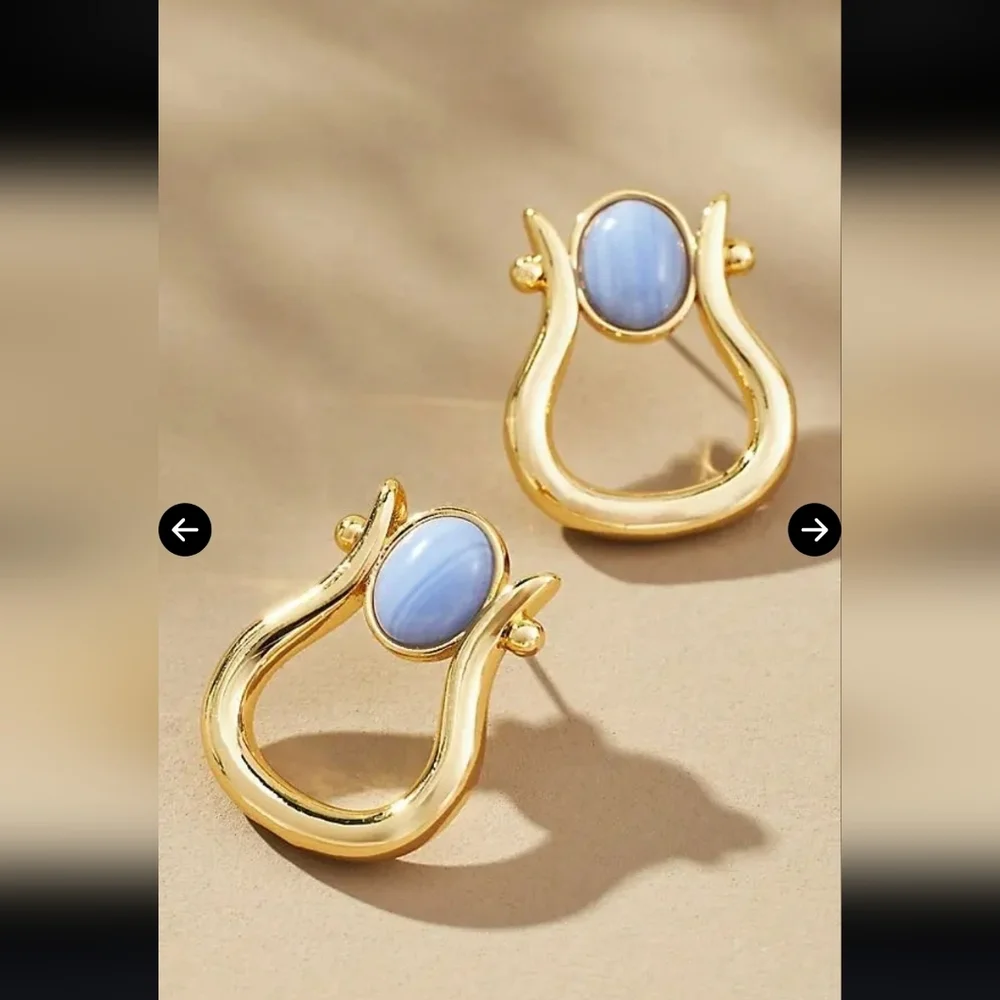 Anthropologie, Stone Horseshoe Earrings, Gold/Blue, MSRP $48